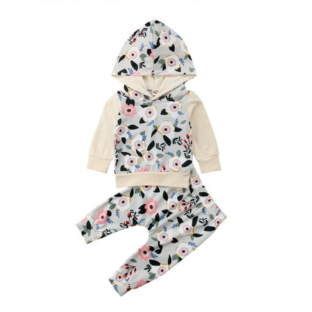 

2Pcs Toddlers Autumn Tracksuits Floral Printed Hoodie and Casual Pants Suit