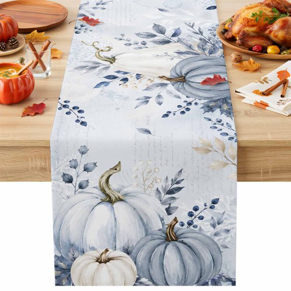 Blue Pumpkin Fall Cotton Linen Table Runner for Dining Kitchen, Thanksgiving Weeping Botanical Coastal Wedding Outdoor Party Tablerunners, Dresser Scarf Coffee Tablecloth Runners 13x36 Inches