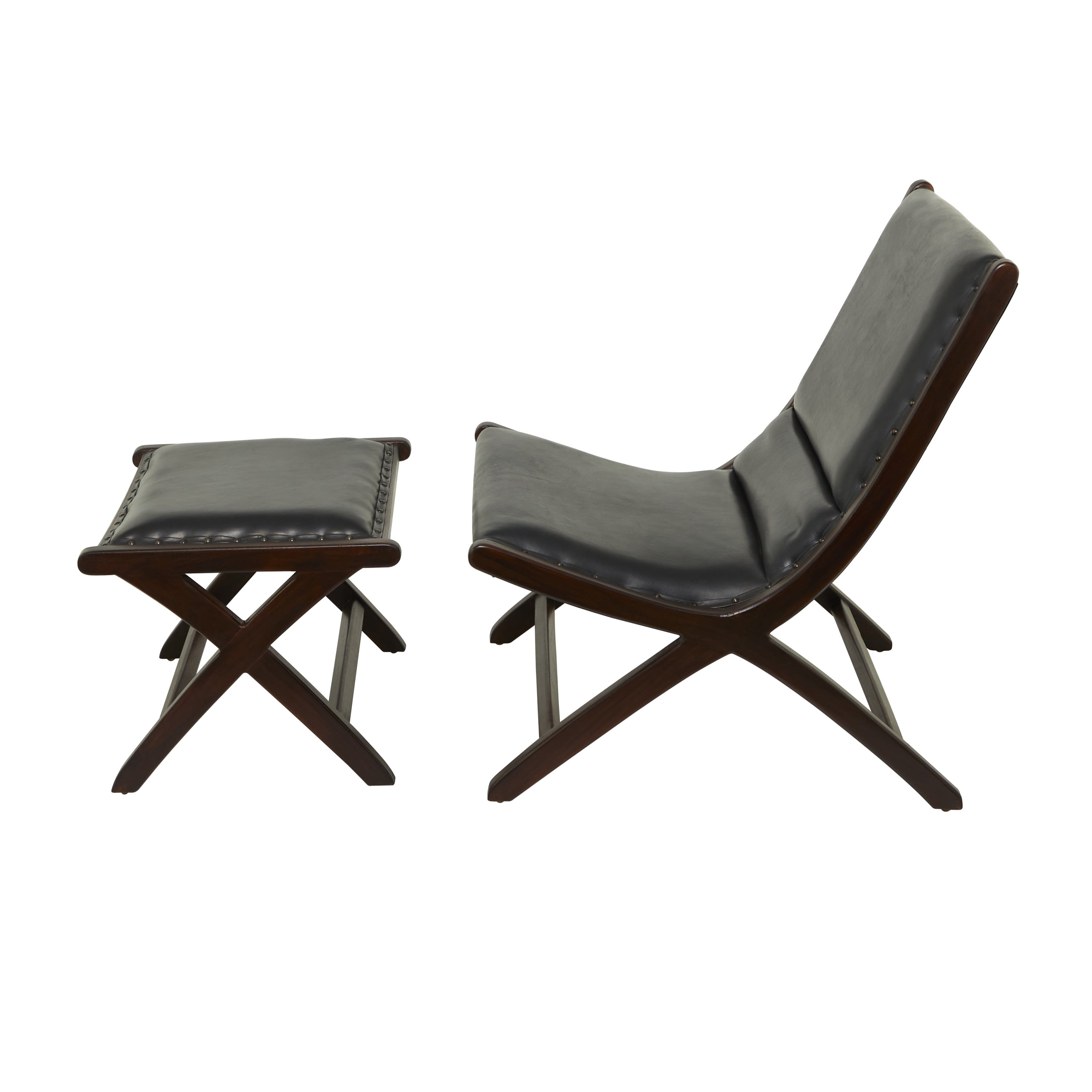 DecMode Teak Wood Handmade Upholstered Leather Chair & Ottoman Set, Black