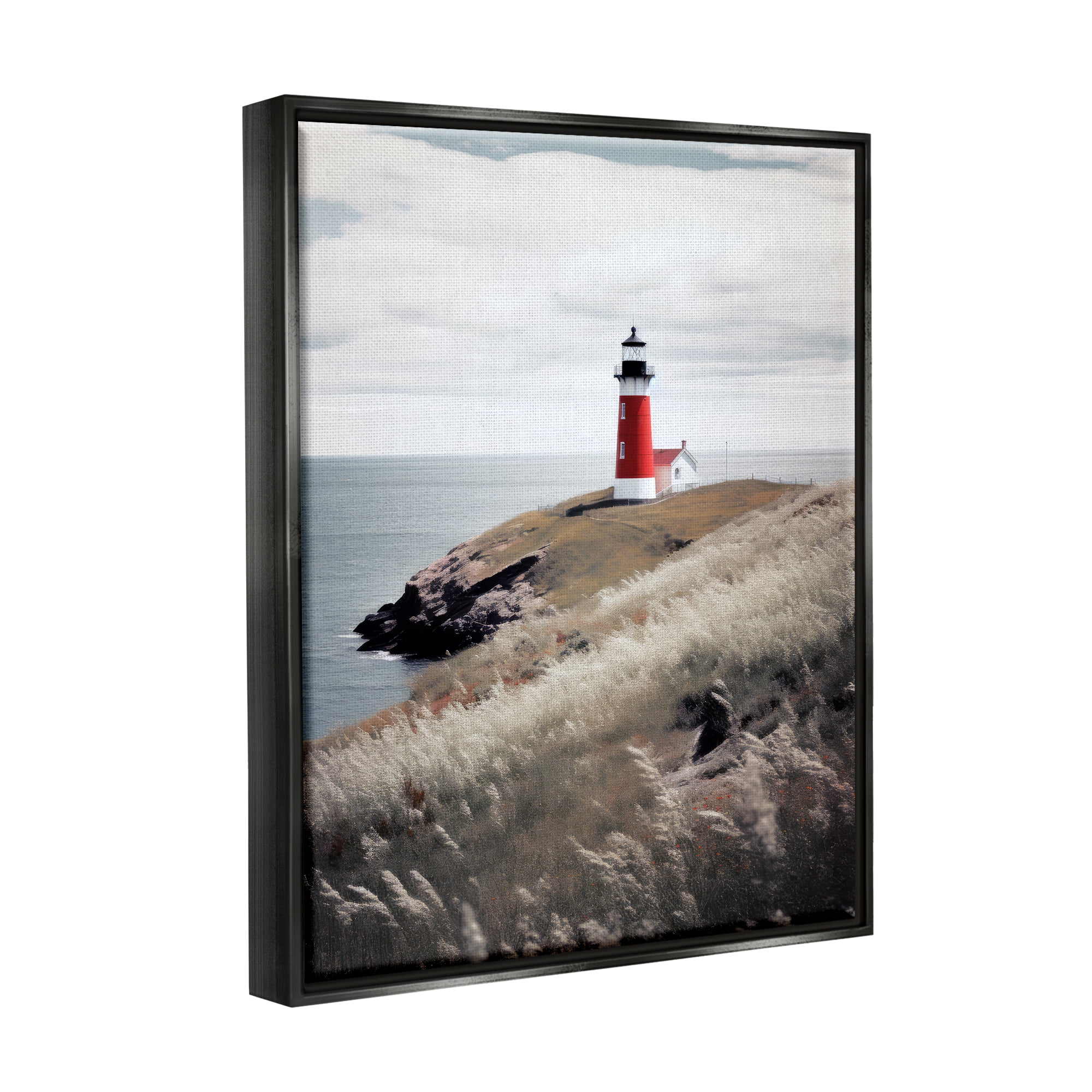Stupell Industries Red Lighthouse Landscape Landscape Photography Black Floater Framed Canvas Art Print Wall Art, 17 x 21