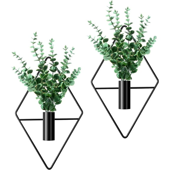 2 Pcs Hanging Planters with Artificial Eucalyptus Metal Hanging Vase Indoor Plants Holder Modern Geometric Boho Wall Decor for Living Room Home Office(Black)