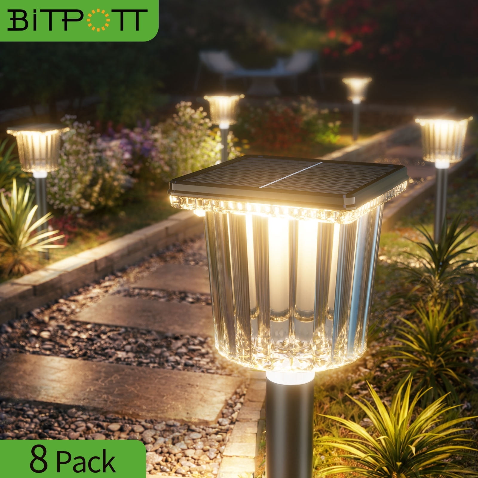 BITPOTT 8 Pack Bright Solar Pathway Lights Outdoor, Adjustable Warm&Cool White, Waterproof IP65 Solar Garden Yard Decor Landscape Lighting Outside, Black