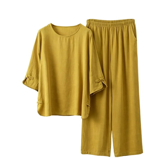 Wenini Women's Plus Solid 2 Piece Loungewear Set Round Neck 3/4 Sleeve Top Wide Leg Pants