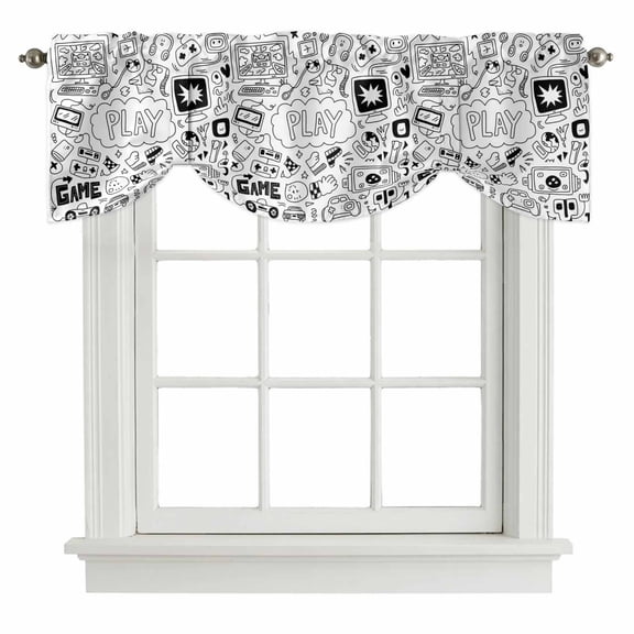 Tie Up Valances for Windows, Black White Video Game Adjustable Valance Curtains Window Treatment for Living Room, Console Computer Gaming Sketch Style Rod Pocket Kitchen Curtains & Drapes 60x18 Inch