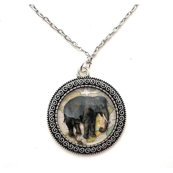 Elephant Necklace for Women - Vintage Safari Pendant - Unique Jewelry - Silver Tone Setting