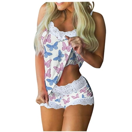 

HAPIMO Sales Women s Comfy Christmas Pajamas Soft Sexy Xmas Lace Trim Santa Camis Shorts Set Two Piece Sleepwear Outfits Nightwear White XL