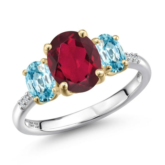 Gem Stone King 925 Silver and 10K Yellow Gold Ruby Red Mystic Quartz and Blue Zircon and Lab Grown Diamond Engagement Ring for Women | 3.16 Cttw | Oval 9X7MM | Birthstone | Size 8