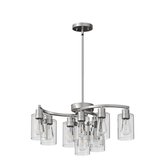 9-Light Brushed Nickel Chandelier - 29.5" Wide Adjustable Height (Up to 74.7"), Industrial Farmhouse Design with Clear Glass Shades - For Large Dining Rooms & Kitchen Islands