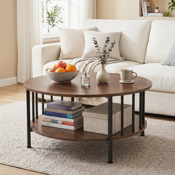 Farmhouse Round Coffee Table, 32.5" Wood 2‑Tier Center Table with Storage, Metal Slatted Side Frame, Accent Cocktail Table for Living Room, Small Space, Brown
