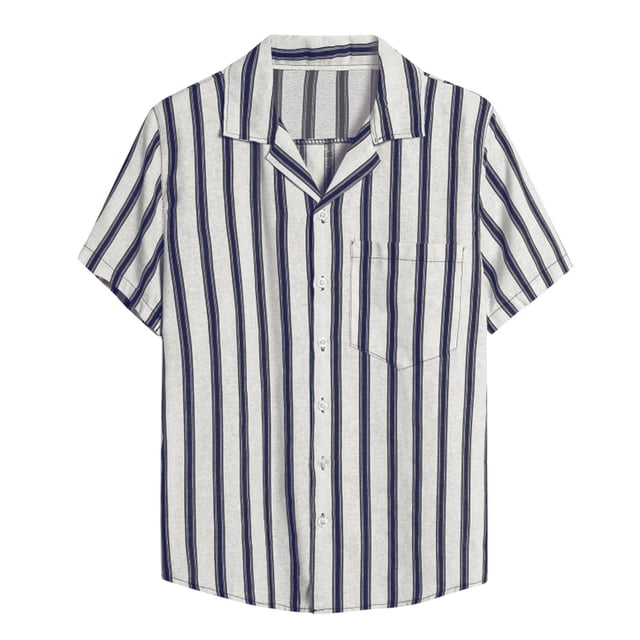 Camisas De Vestir Para Hombre Manga Larga Tops de informales de lino y algodón para hombre, camisa de solapa a rayas con bolsillo y botones de manga corta con estampado de verano (White, XL)