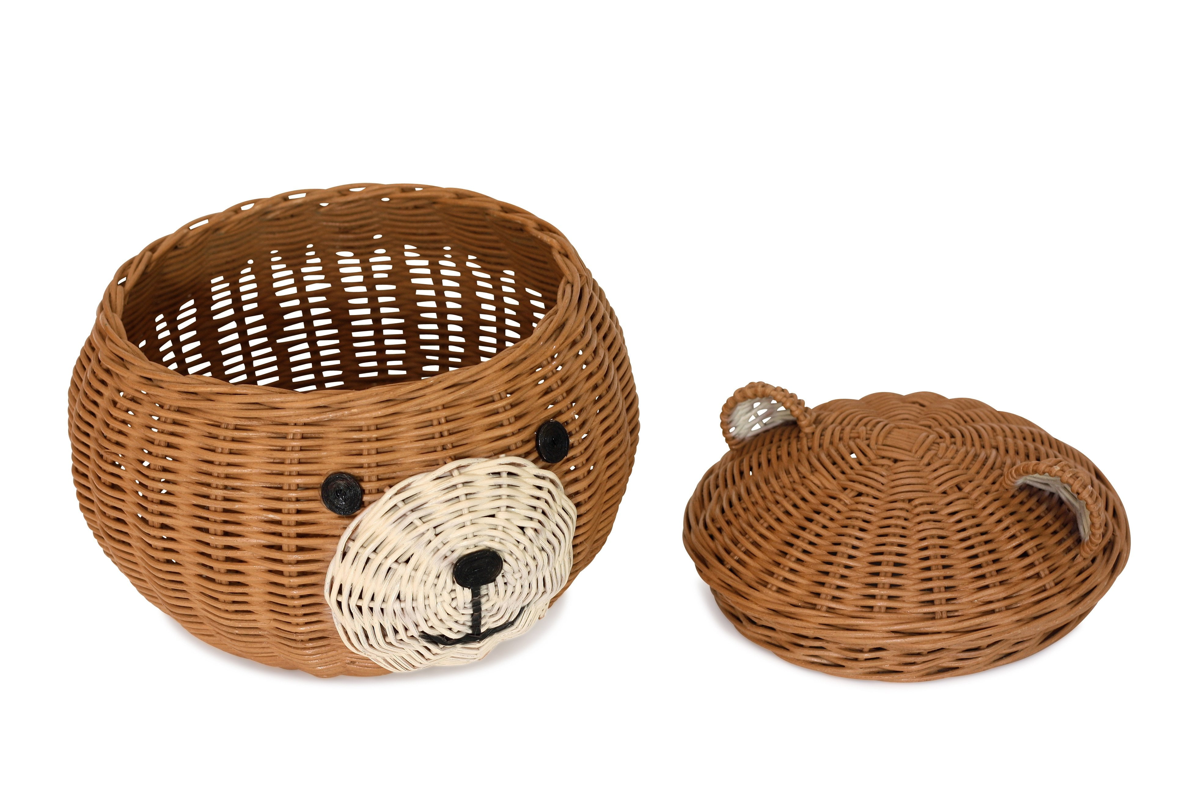 Bear Head Rattan Storage Basket with Lid Decorative Home Decor Hand Woven Shelf Organizer Cute Handmade Handcrafted Gift Art Decoration Artwork Wicker