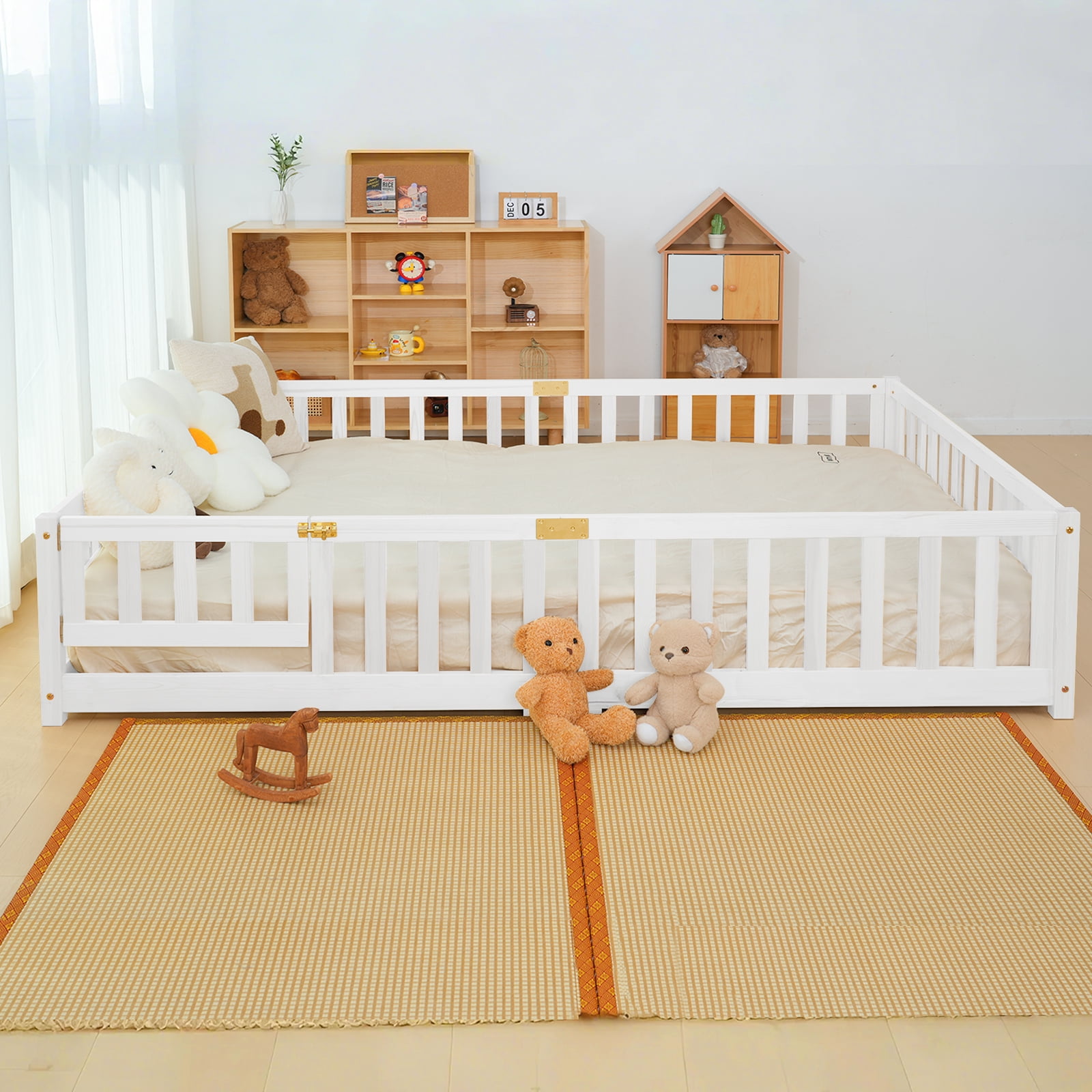Slsy Full Size Toddler Floor Bed,Solid Wood Montessori Bed Frame with Fence & Door Montessori Floor Bed Crib with Safety Guardrails for Girls and Boys