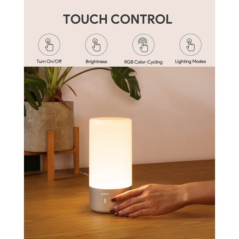 AUKEY Lampe de Chevet LED avec Contrôle Tactile à 360°, Lampe de Table avec  3 Niveaux de Lumière Blanche Réglable et Changement de 256 Couleurs RGB