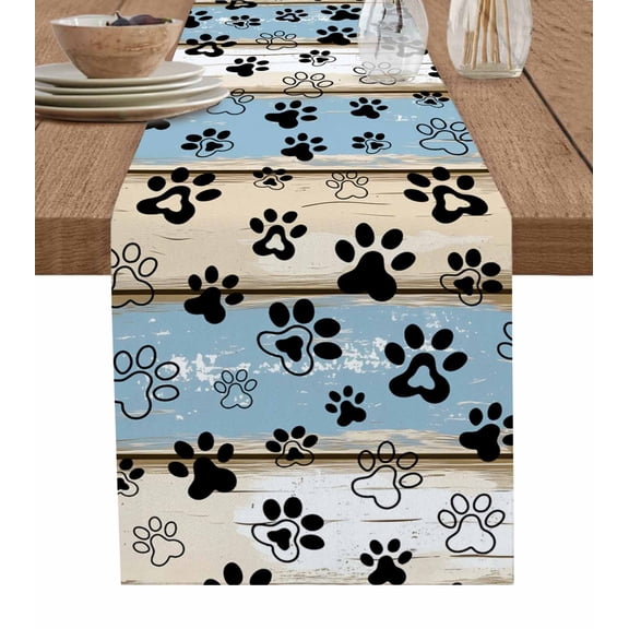 Blue Beige Paw Print Table Runner 48 Inches, Vintage Farmhouse Rustic Wooden Grain Bed Runner Dresser Scarves Tabletop for Indoor Outdoor Parties/Ceremony/Banquet, 13" x 48"