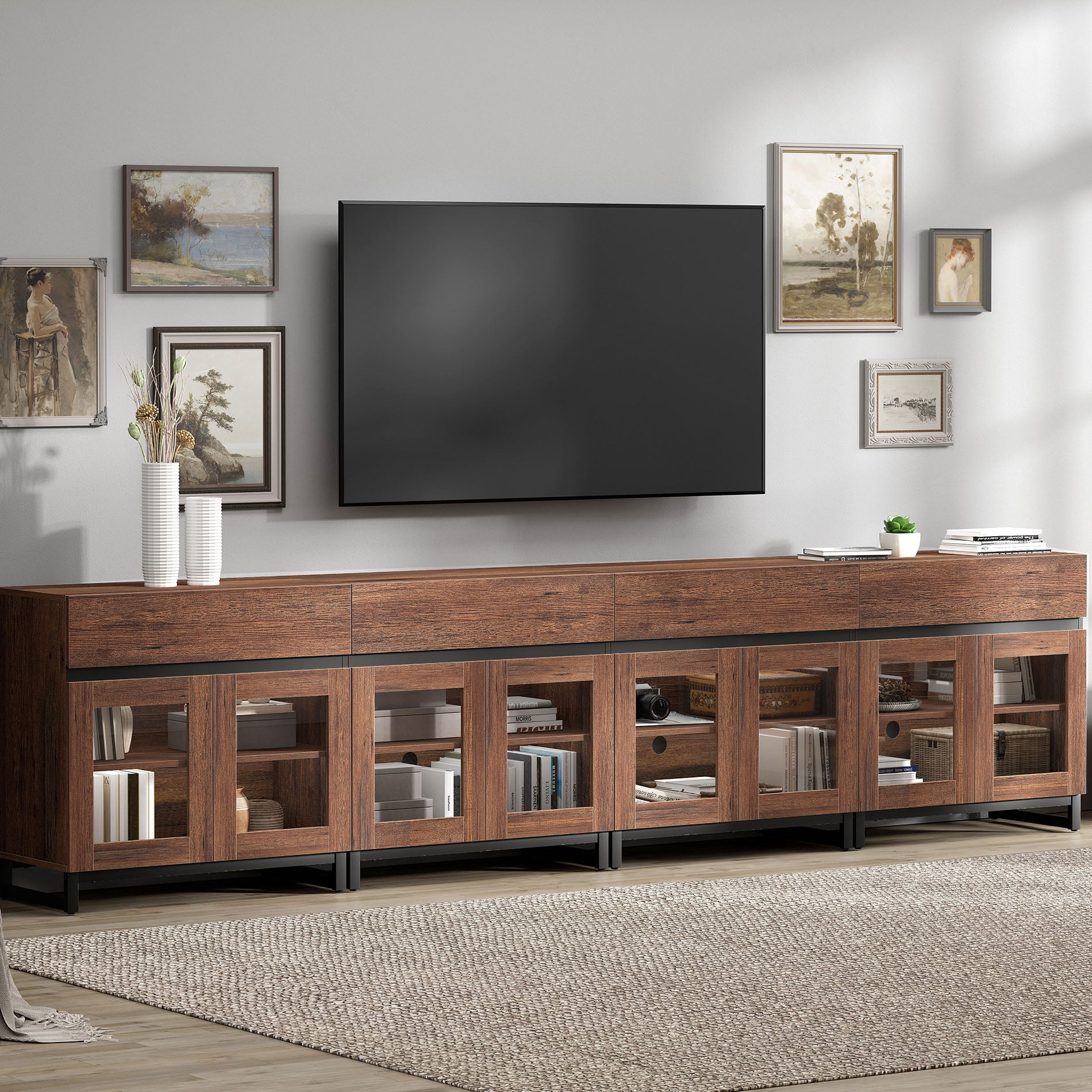 Modern 4-in-1 Modern TV Stand with Glass Doors & 4 Drawers, Reinforced Metal Base Entertainment Center, Stable Media Console for 120 Inch TVs, Bedroom Living Room, Brown