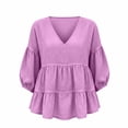 thumbnail image 3 of Guluxicc Women's Linen Blosures Loose Ruffled Bottom V Neck Short Bubble Sleeve Tops for Everyday Wear Spirng Summer Casual Outfits, 3 of 5