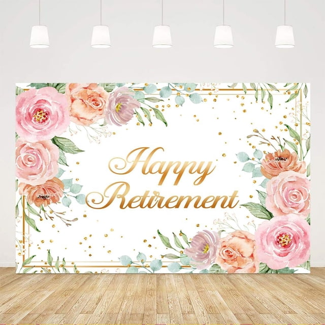 Fondo de feliz jubilación para mujeres, fondo fotográfico con lunares dorados y flores rosas, decoraciones para fiesta de jubilación de damas, pancarta de accesorios para fotomatón de "Felicitaciones