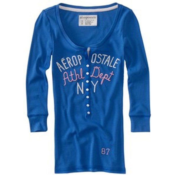 Aeropostale Womens Ribbed Athletic Dept Ny Henley Shirt, Azul, XS