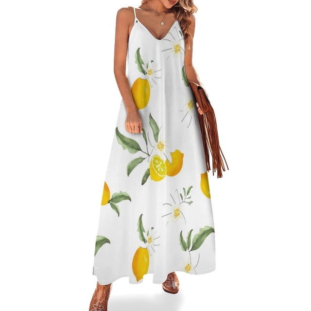 Vestido sin mangas con estampado de frutas de limón y mosaico de estilo mediterráneo de cítricos de verano para mujer 2024