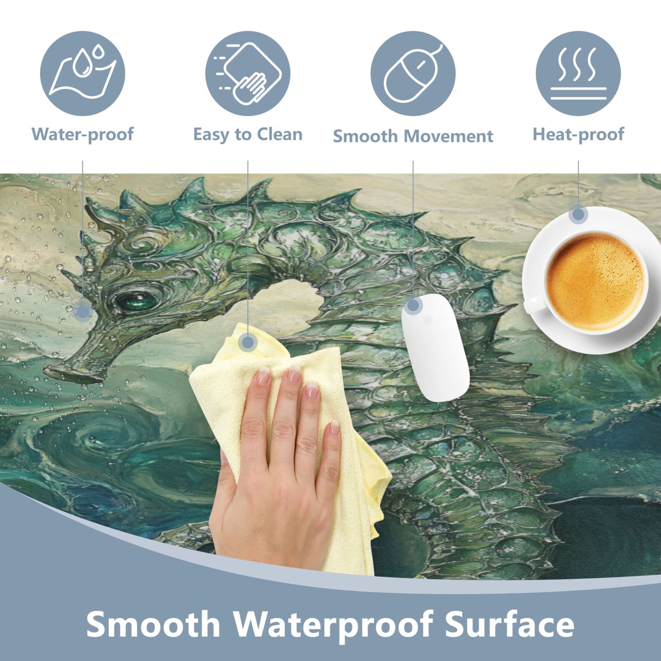 Wobogo Green Seahorse Gaming Mouse Pad Non-slip Leather Desk Mat Water Resist Keyboard Pad for Gamer Office 16.5×35.4in