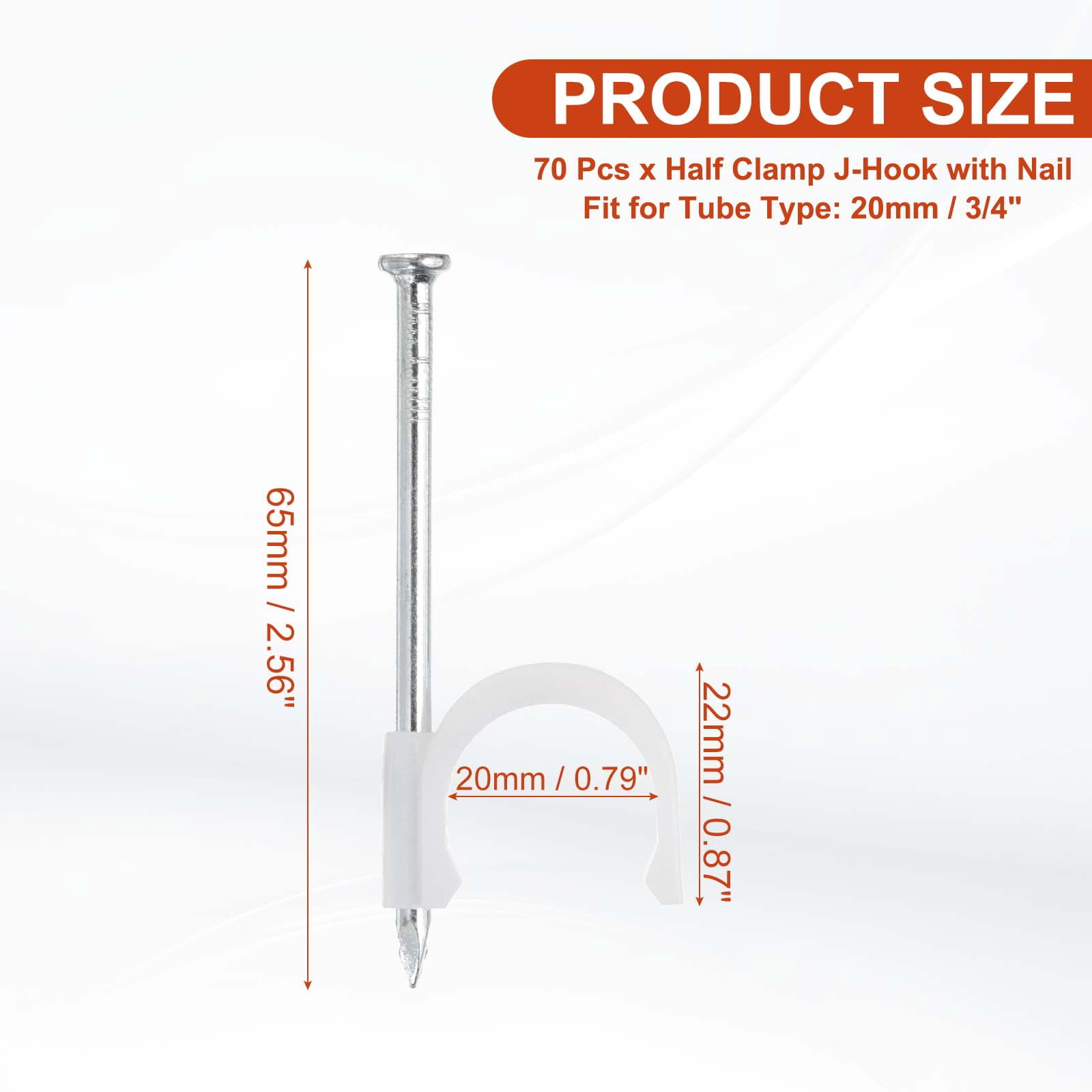 3/4 Inch Half Clamp J-Hook with Nail Pex Pipe Fixture, White, 65mm Nail, 70 Pack