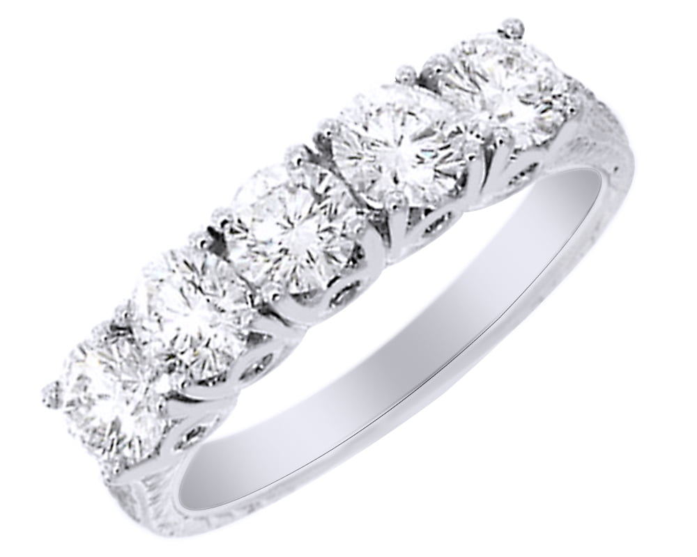 Round Cut Cubic Zirconia Bloom Cut 5-Stone 14K White Gold Over Band Ring 