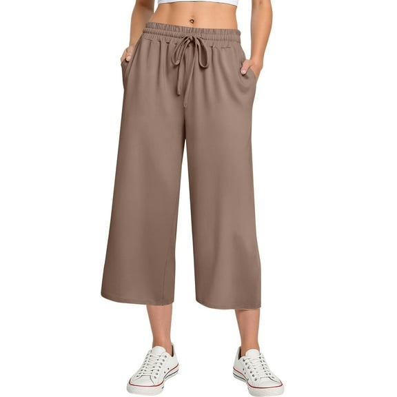 Tianiyouqing Wide Leg Exercise Capris for Women High Waisted Pull on Elastic Waist Flare Crop Pants Drawstring Loose Hiking Trousers Light Brown L
