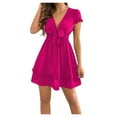 thumbnail image 2 of Wycnly Summer Dresses for Women Tie Front Elastic Waist Ruffle Swing Party Formal Dresses Short Sleeve V-Neck Solid Mini 2024 Casual Dress Hot Pink s Under $5, 2 of 7