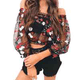 thumbnail image 2 of Blusa elástica con hombros descubiertos y estampado floral de malla con top corto bordado para mujer, L tholdsy AP000886-03, 2 of 7