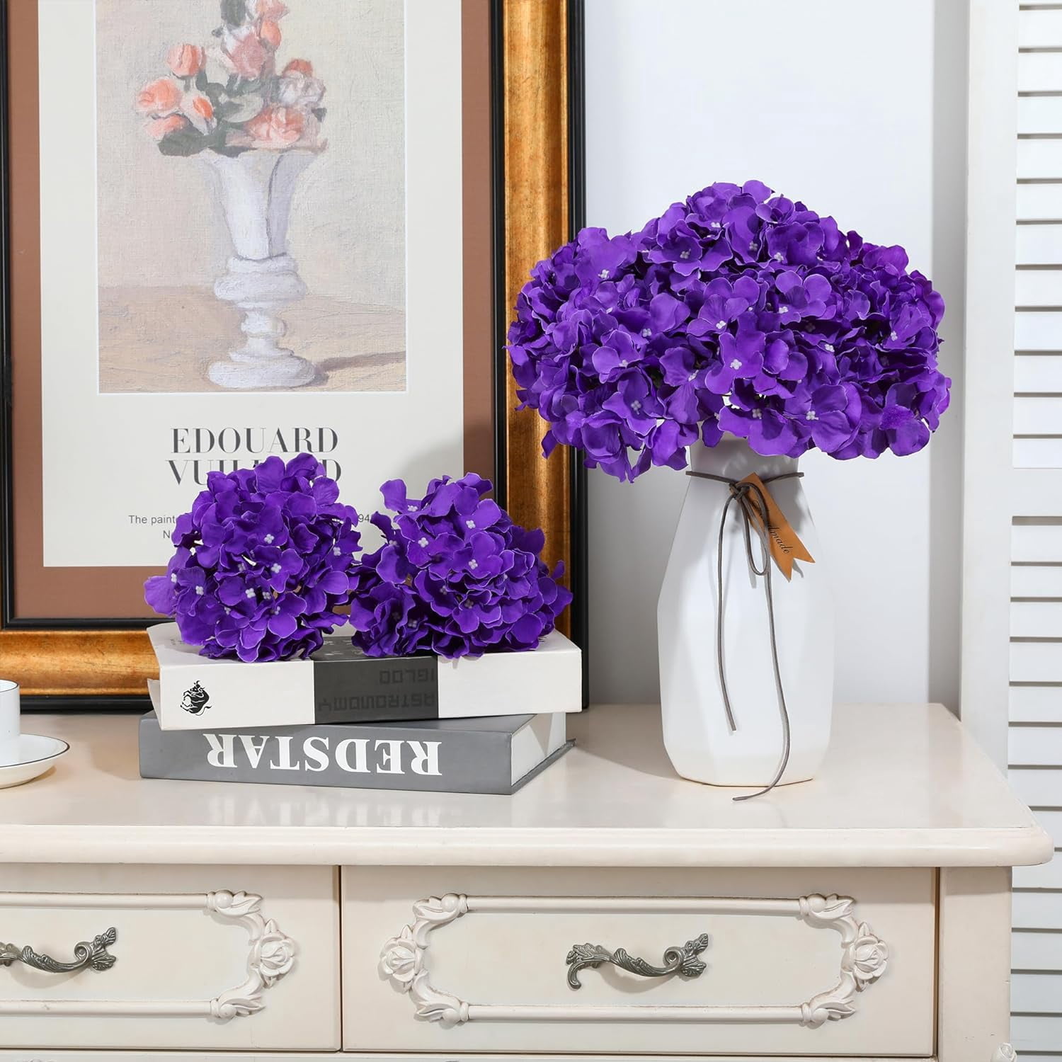 Fake Purple Hydrangea Artificial Flowers - Faux Silk Hydrangeas Flowers Heads with Stems Real Touch for Home Wedding Party Table Decor(Purple,Pack of )