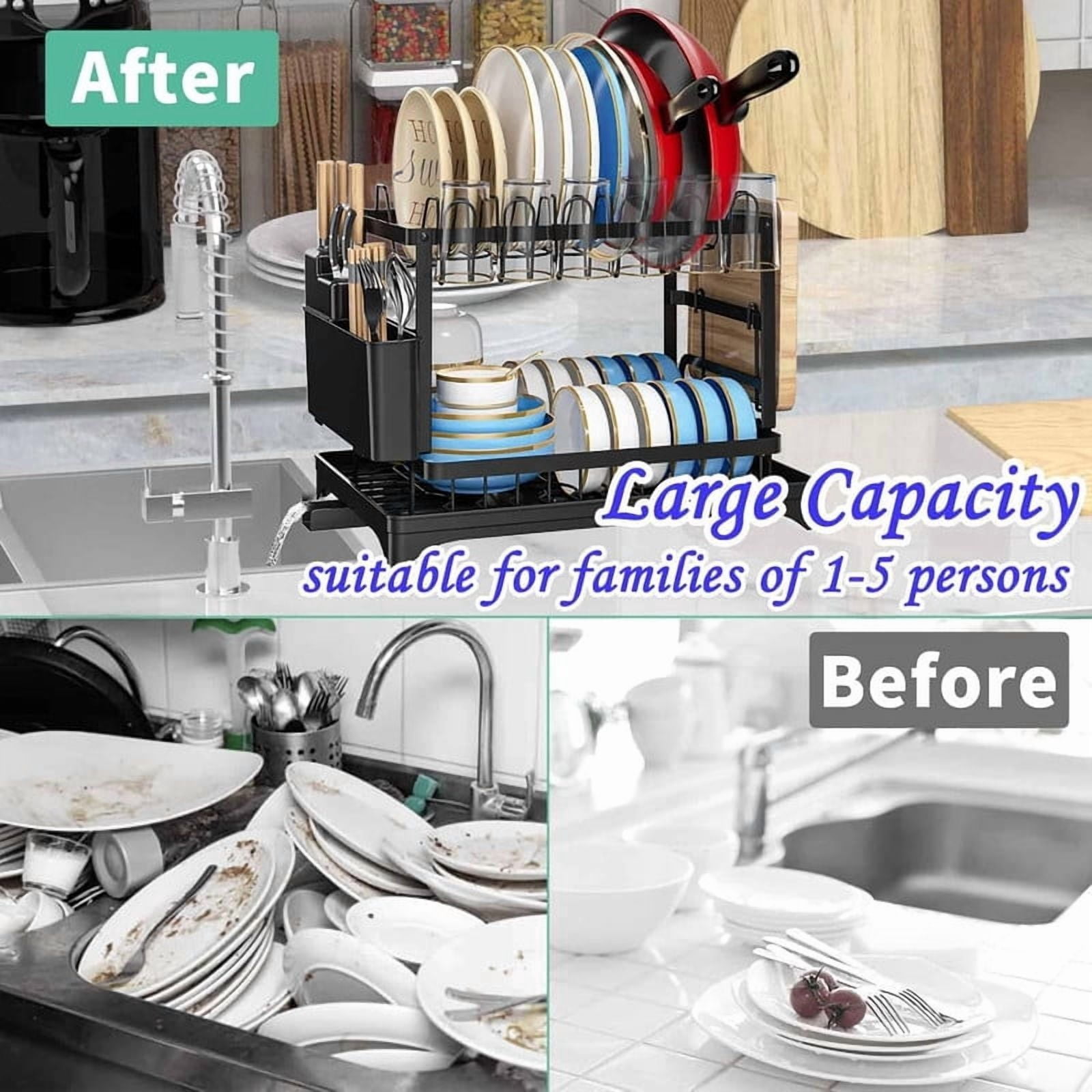 Dish Drying Rack, 2 Tier Large Dish Drying Rack for Kitchen Counter with Drainboard Stainless Steel Dish Drainer for Dish/Knifes/Cup/Cutting Board