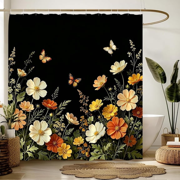 Black Floral Shower Curtain, Boho Wildflower Butterfly Botanical Bath Curtain, Rustic Bathroom Decor, Waterproof Polyester Fabric with Hooks 36"W x 72"H