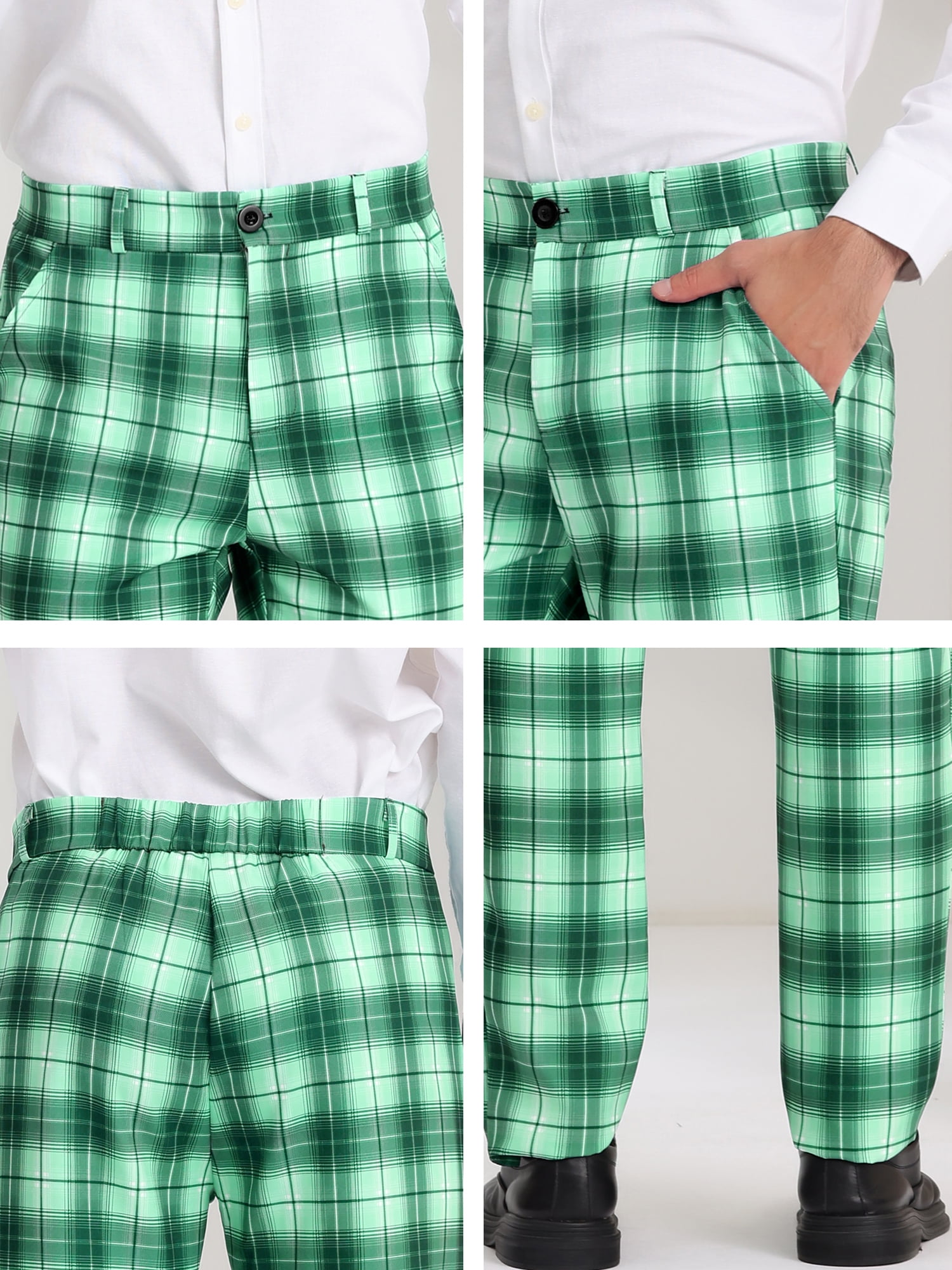 Unique Bargains Men's Plaid Slacks Regular Fit Flat Front Work Prom Checked Pants 36 Light Green
