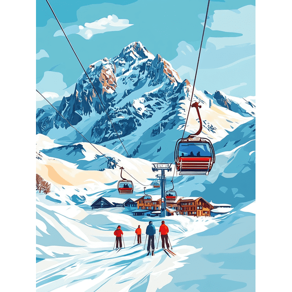 Ski Resort Cable Car Mountain Canvas Print/Wall Art， Suitable for Living Room， Bedroom， Office， Ski Lodge， and Hotel Decoration