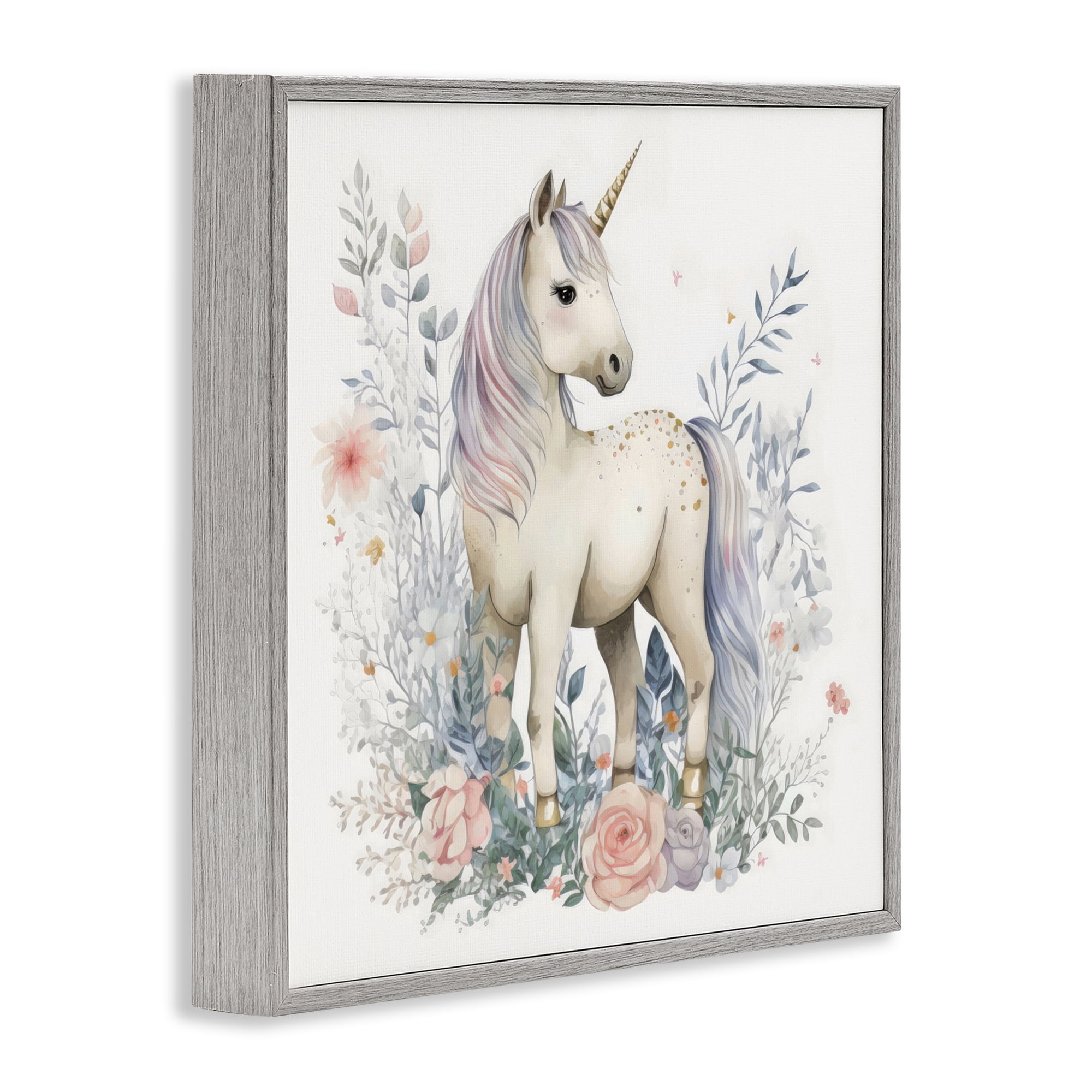 Stupell Industries Unicorn in Delicate Floral Forest Gray Framed Giclee Art, design by Creative Studio