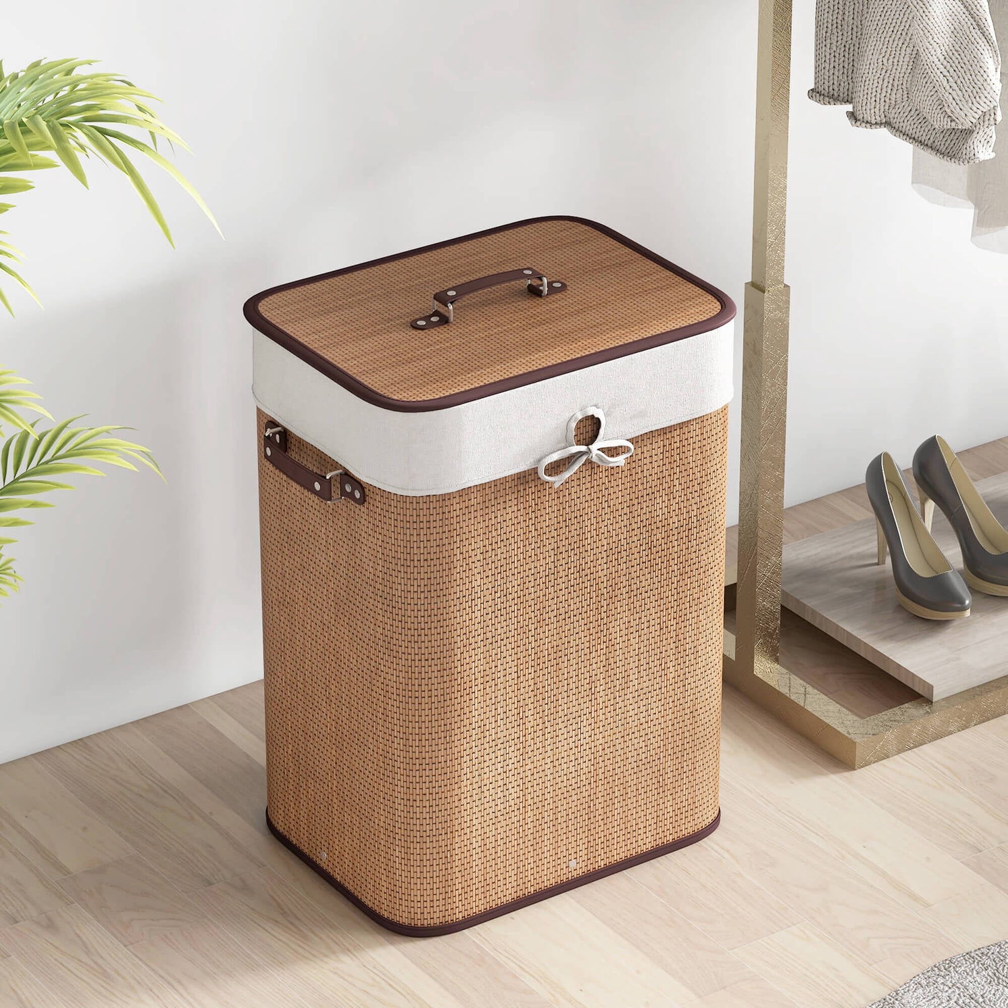 Goplus Rectangle Bamboo Hamper Laundry Basket Washing Cloth Bin Lid Bamboo