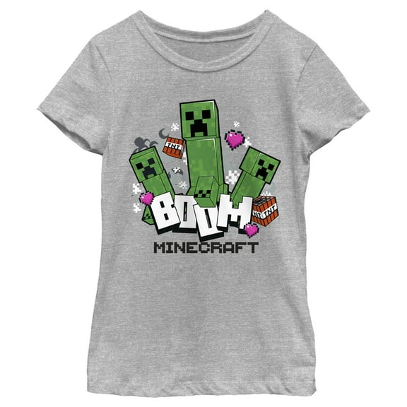 Girl's Minecraft Creepers Boom Logo  Graphic Tee Athletic Heather X Small