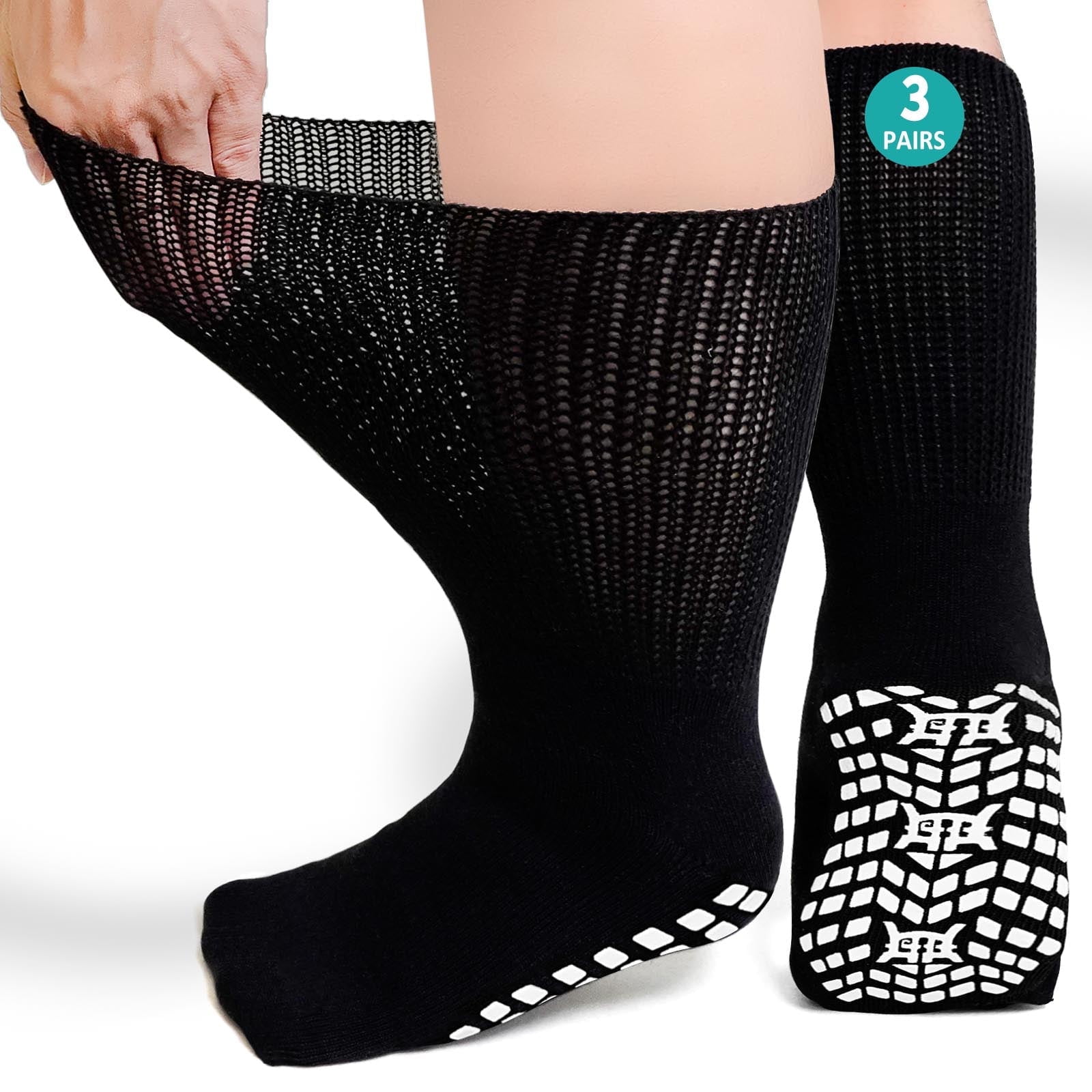 UNEEI 3 Pairs Cotton Diabetic Socks,Non-Slip Grip Hospital Socks with Grippers,Extra Wide Non Slip Diabetic Socks for Men Women,Size 13-15