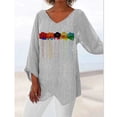 thumbnail image 3 of Camiseta de manga larga con estampado Floral para mujer, jersey de lino y algodón con cuello en V, blusa holgada informal para primavera y otoño, 2022, 3 of 3