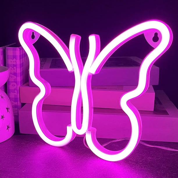 Letrero de luz de neón con forma de mariposa: luces LED de neón rosas para decoración de pared, funciona con USB o pilas para dormitorio, habitación de niños, sala de estar, bar, fiesta,