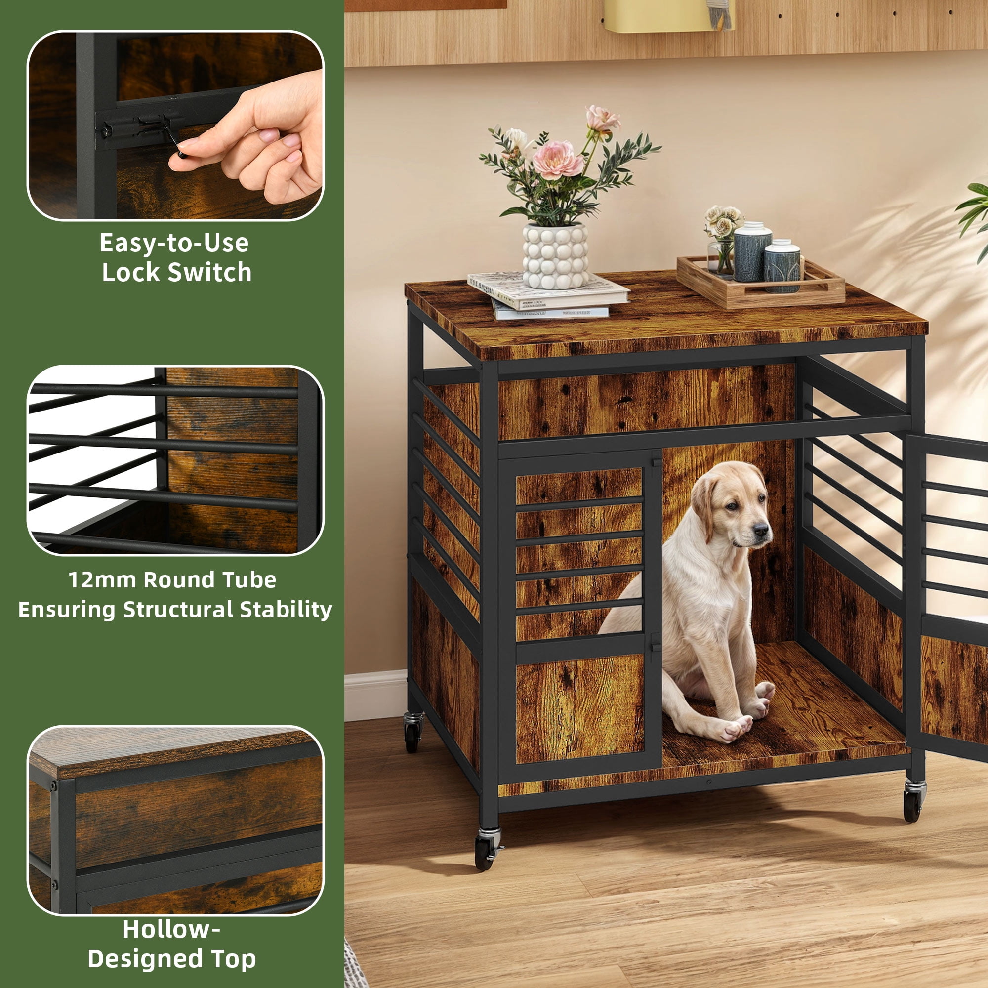 Uforic 24 Inch Dog Crate Furniture with Wheels,Wooden Dog Kennel for Dogs - Rustic Brown