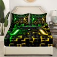 thumbnail image 2 of Gaming Twin Fitted Sheet Gamer Bed Sheets 3D Neon Lights Ombre Geometric Checkered Gamepad Bedding Set Breathable Gamer Fitted Sheets For All Season,Green Gold, 2 of 5