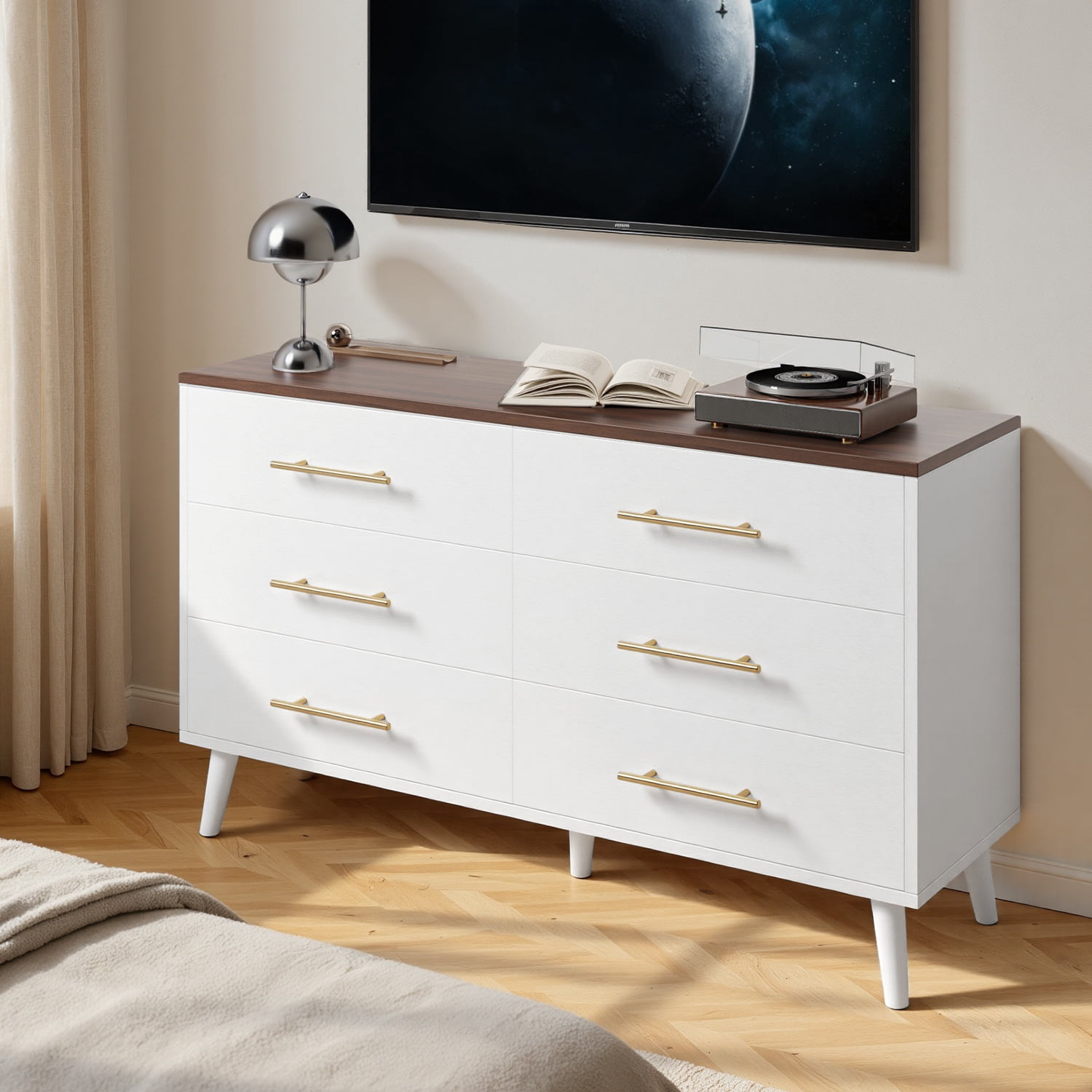Noelse 6 Drawer Dresser with Metal Handles, Modern Storage Chest TV Stand for Bedroom, Rustic White