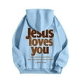 thumbnail image 4 of idosla Hoodies for Women Trendy Jesus Loves You Hoodie Oversized Long Sleeve Christian Sweatshirts Outfit (Sky Blue, XXL), 4 of 6