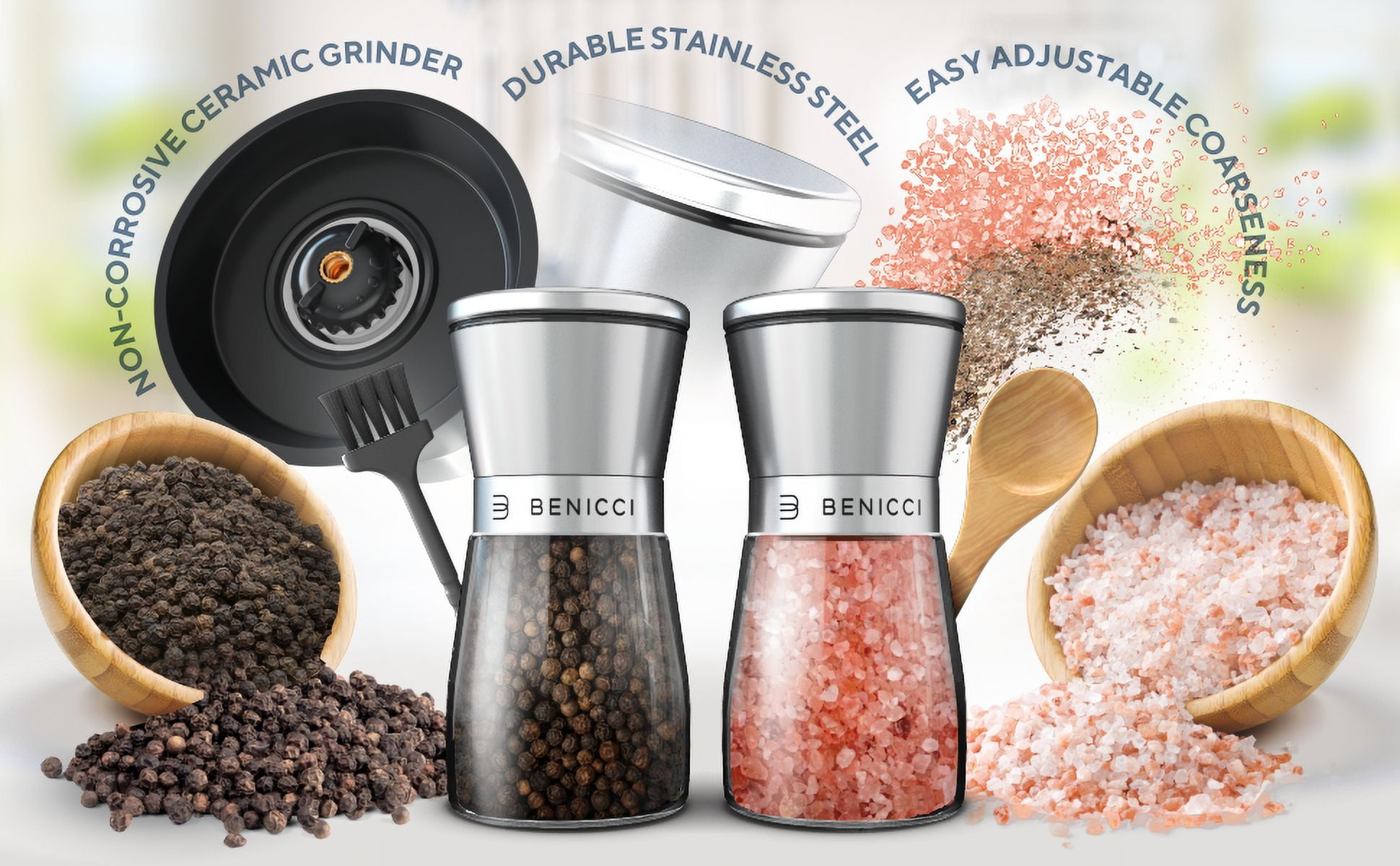 Beautiful Stainless Steel Salt & Pepper Grinders Refillable Set - Two 7 oz  Salt / Spice Shakers with Adjustable Coarse Mills - Easy Clean Ceramic  Grinders with BONUS Silicone Funnel and Cleaning Brush 