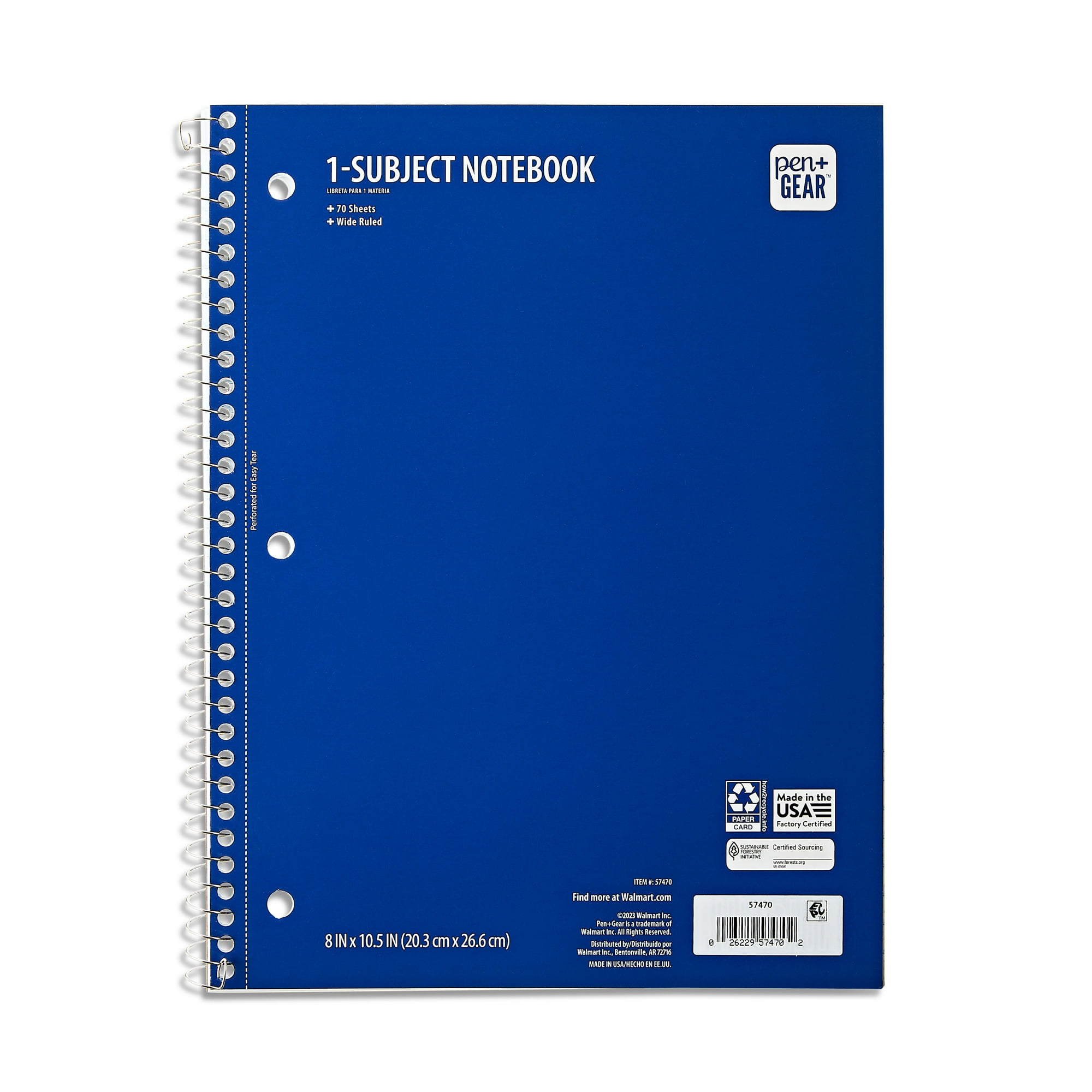 Pen+Gear Wide Ruled 1-Subject Spiral Notebook, 8 in x 10.5 in, Blue, 70 Sheets