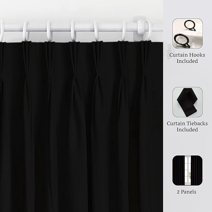 Homi Drapes Triple Pinch Pleated Blackout Curtains Thermal Insulated Room Darkening Drapes for Bedroom/Livingroom Along with 2 Panels,Tiebacks,Hooks (Black, 30"x63")