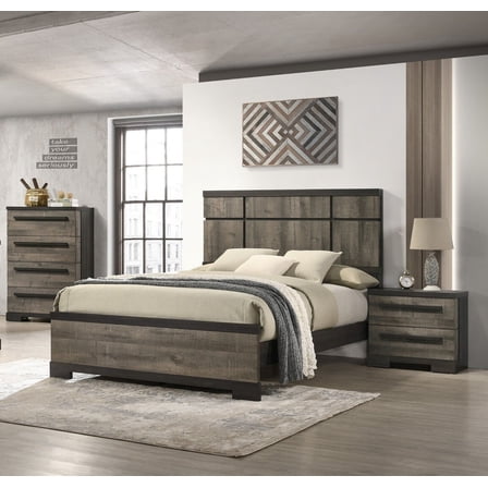 3pc Contemporary King Size Panel Bed Chest Nightstand Set Brown/Gray Finish Bedroom Furniture