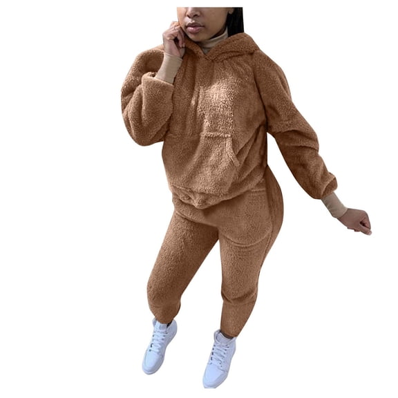 Fesfesfes Women Hooded Casual Solid Shirt Hooded Blouse Pocket Plush Pant Suit