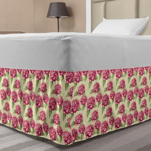Rose Bed Skirt, Romantic Style Composition of Botanical Pattern Flowers, Elastic Bedskirt Dust Ruffle Wrap Around for Bedding Decor, 4 Sizes, Cream Pistachio Green, by Ambesonne